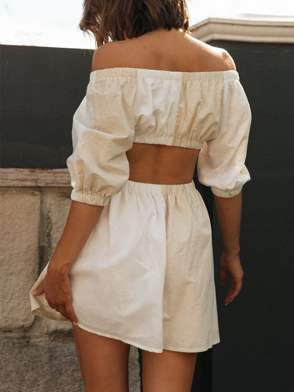 Einarmiges Off-Waist Ballonärmel Minikleid