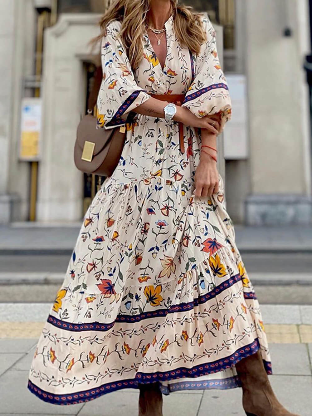 V-Ausschnitt Bedrucktes Lockeres Maxikleid