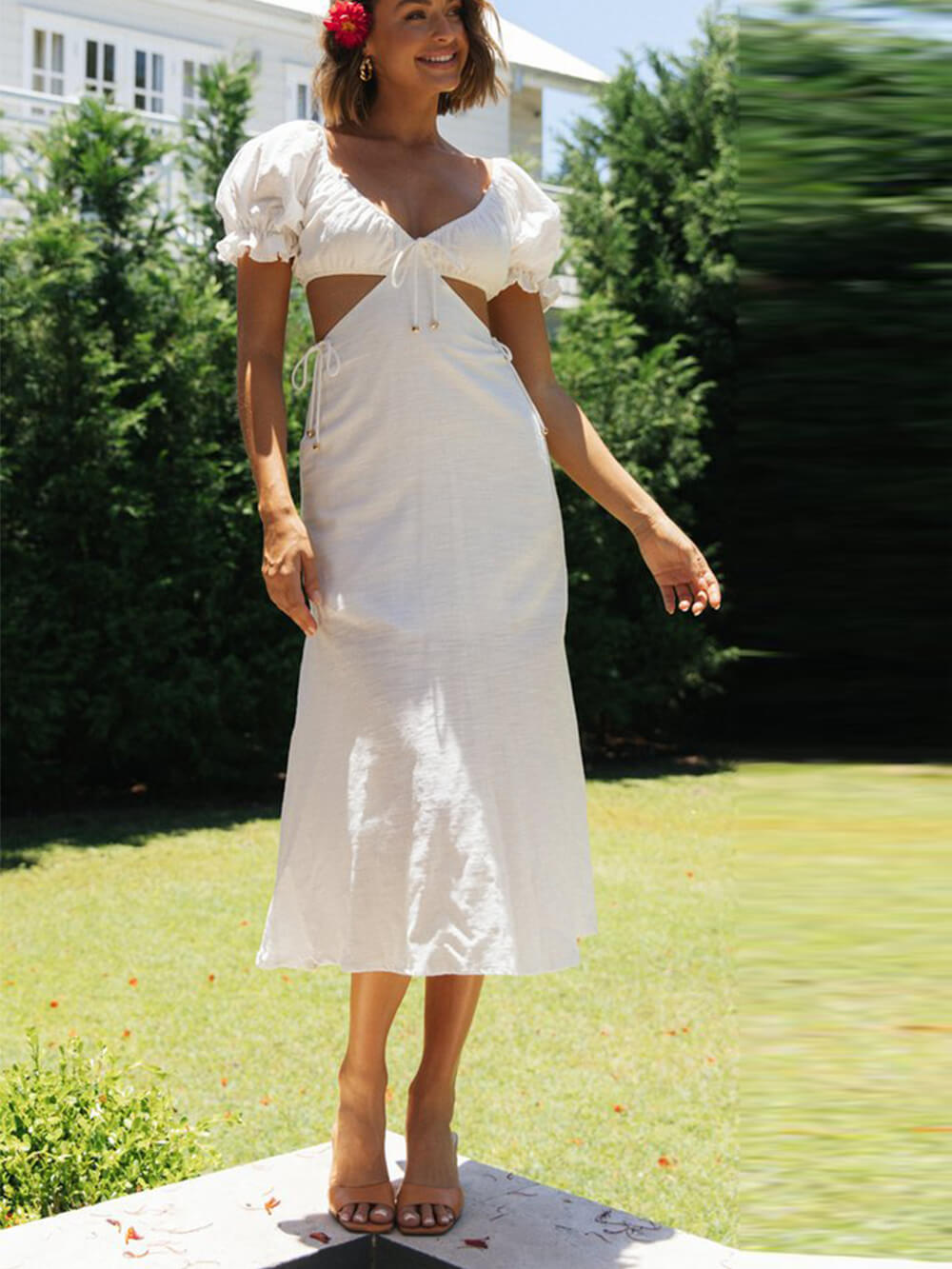 Einfarbiges Midi-Kleid mit Prinzessinnenärmeln