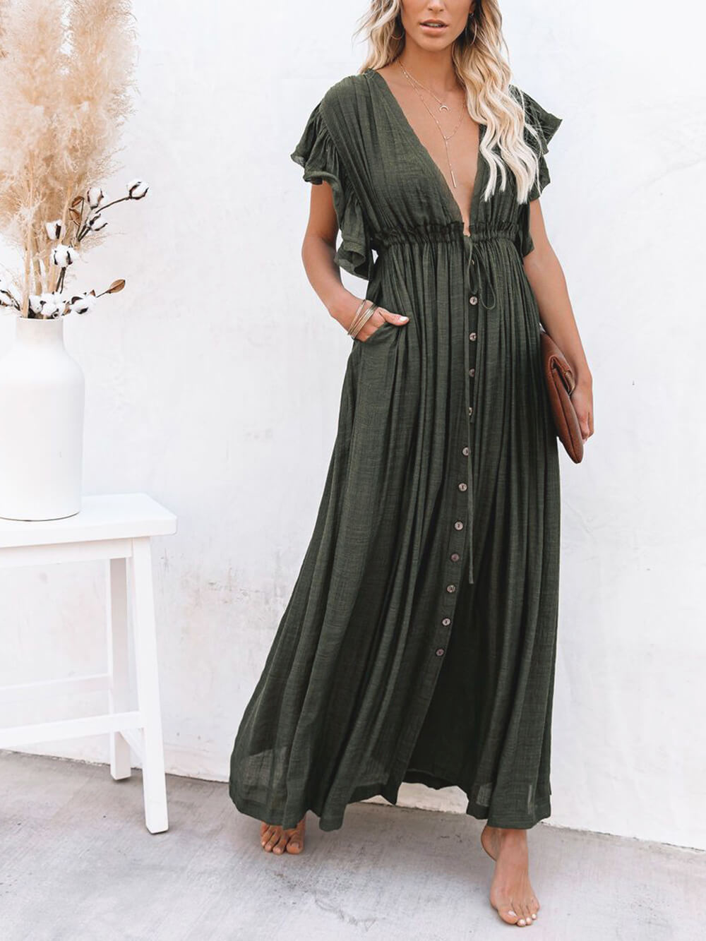 Knopf Baumwoll Leinen Perfektes Strand Boho Maxikleid