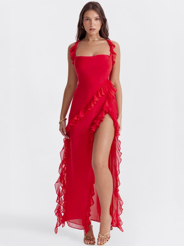 Rüschen-Maxi-Trägerkleid – Rot
