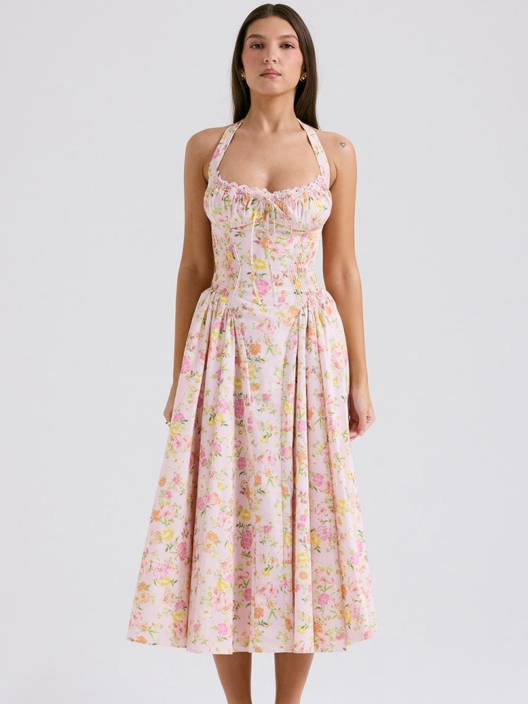 Rosa Wiesen-Print Rückenfreies Midi-Trägerkleid