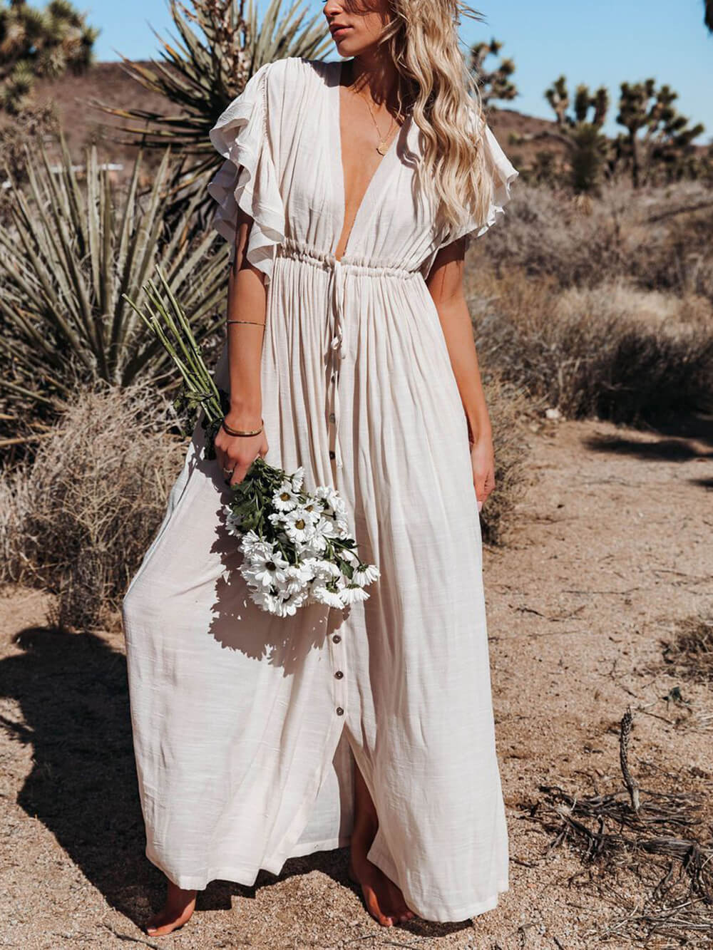 Knopf Baumwoll Leinen Perfektes Strand Boho Maxikleid