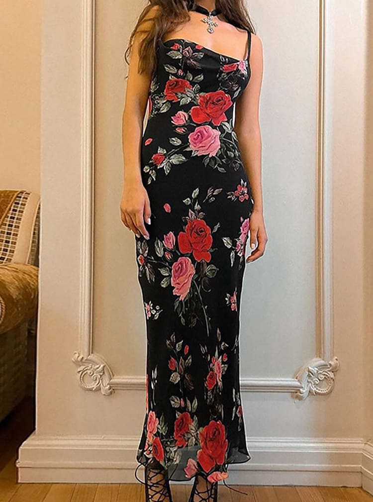 Geblümtes Mesh-Maxikleid mit Spaghettiträgern