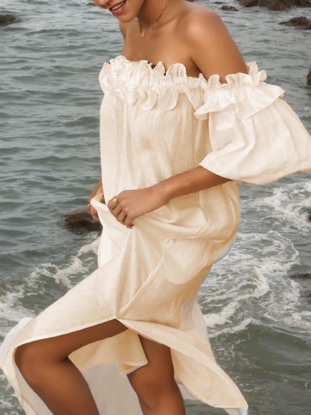 Off-Shoulder-Midi-Kleid mit Rüschen und Puffärmeln mit Taschen
