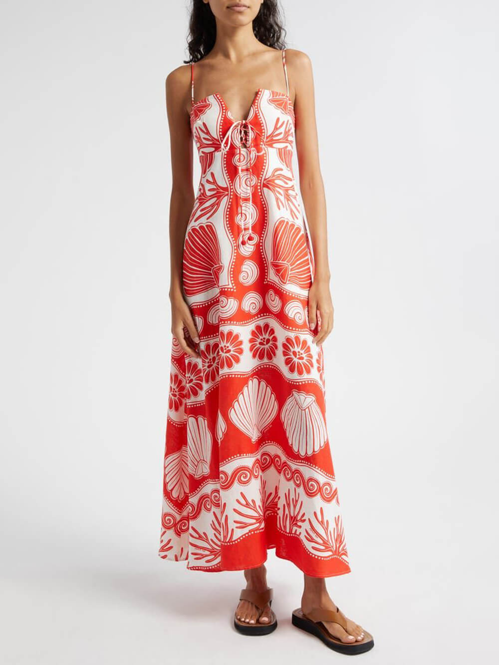 Maxikleid mit Muscheldruck, Schnürung vorne und lockerer Passform