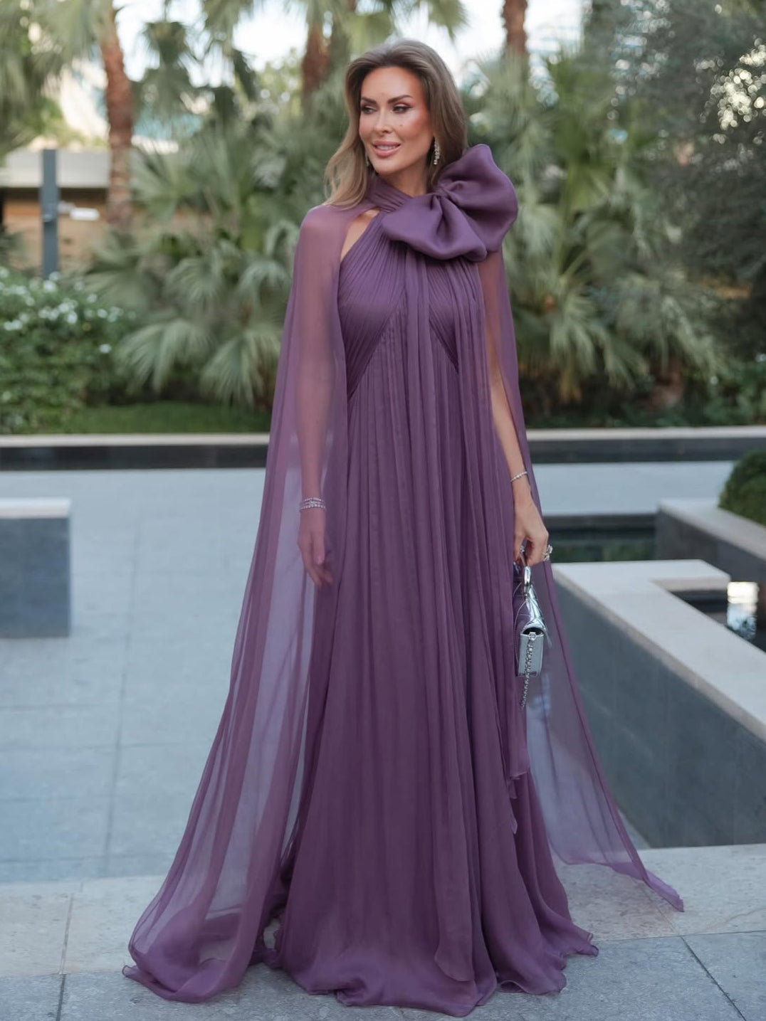 Mauve Chiffon Bow Cape Sleeve Pleated Maxi Gown