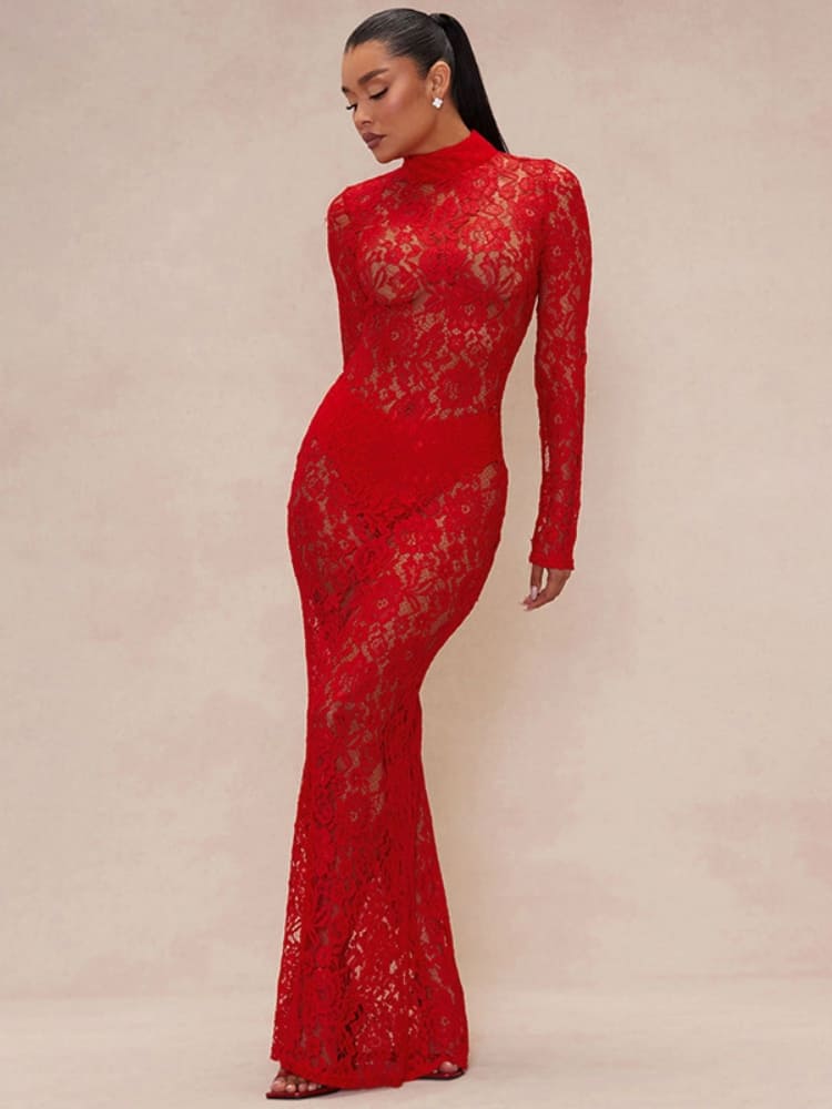 Durchsichtiges Spitzen-Rollkragenkleid