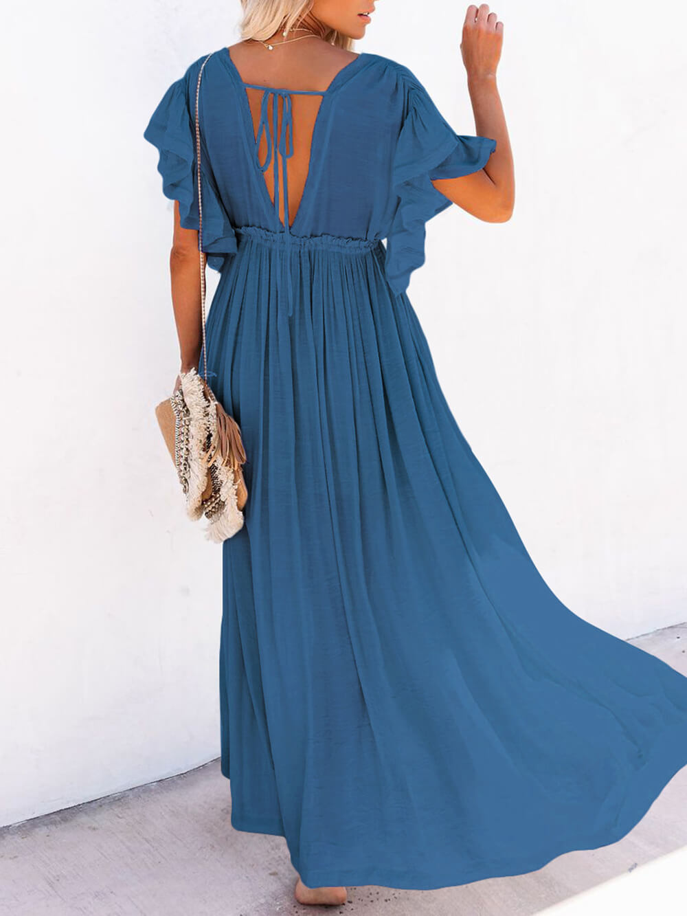 Knopf Baumwoll Leinen Perfektes Strand Boho Maxikleid