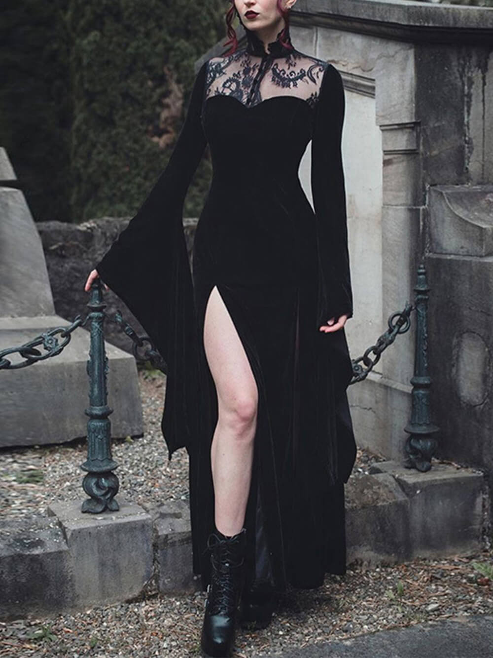Halloween sexy Hexen-Maxikleid mit Schlitzrock