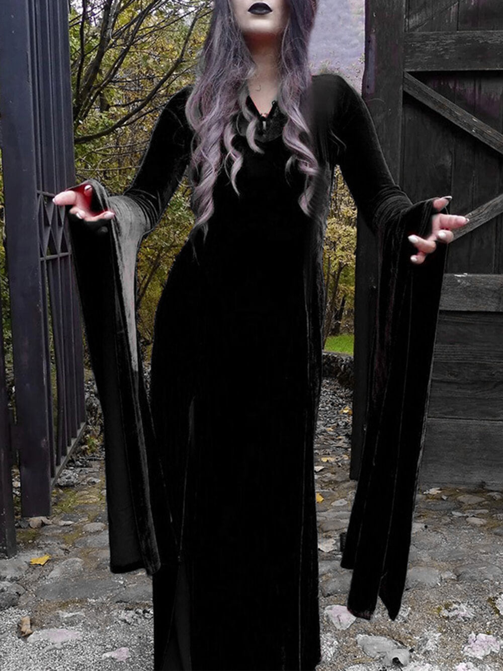 Halloween sexy Hexen-Maxikleid mit Schlitzrock