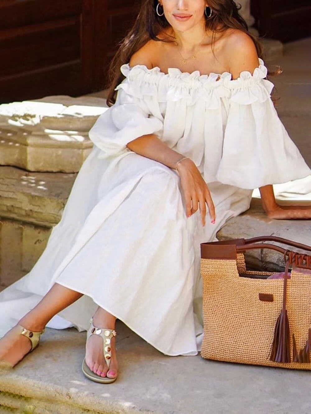Off-Shoulder-Midi-Kleid mit Rüschen und Puffärmeln mit Taschen