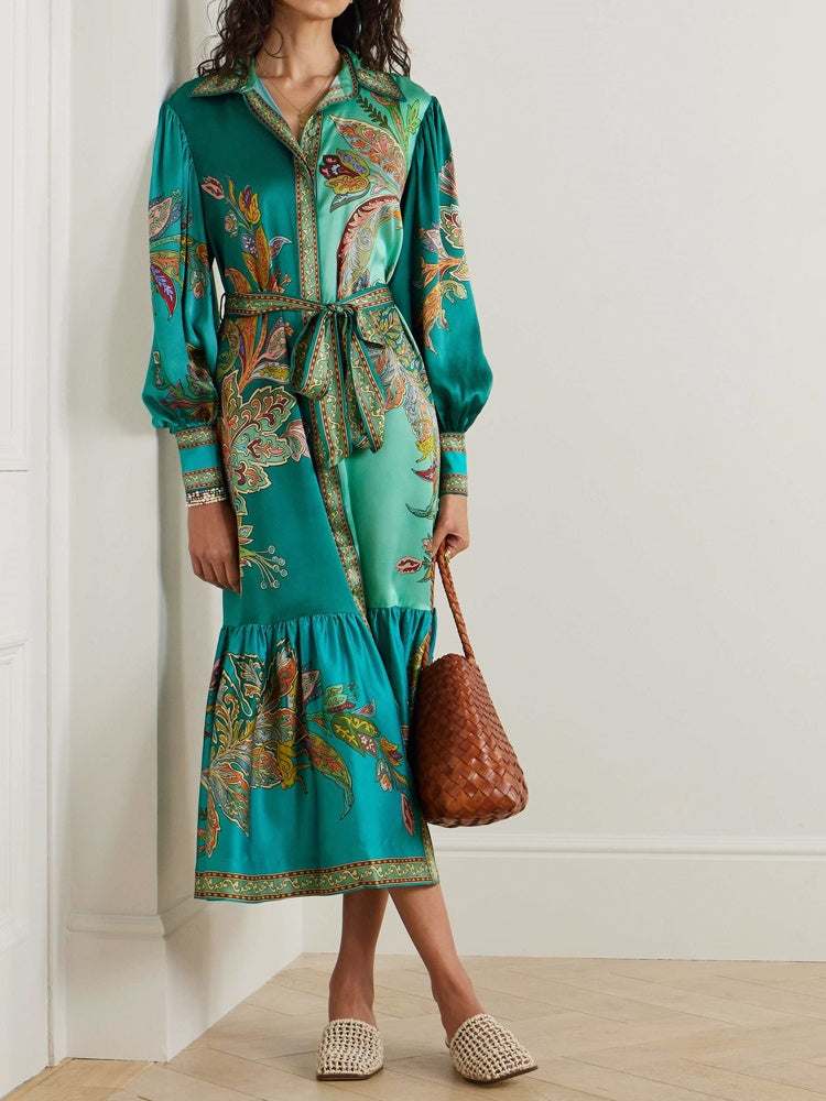 Kleid mit Reverskragen, Vintage-Print und Laternenärmeln
