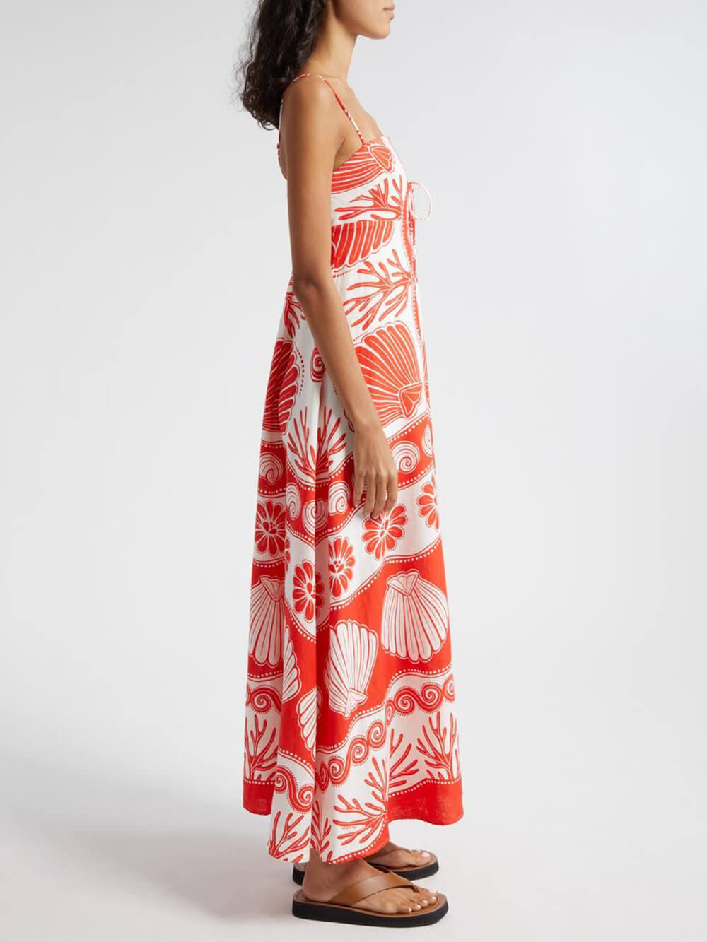 Maxikleid mit Muscheldruck, Schnürung vorne und lockerer Passform