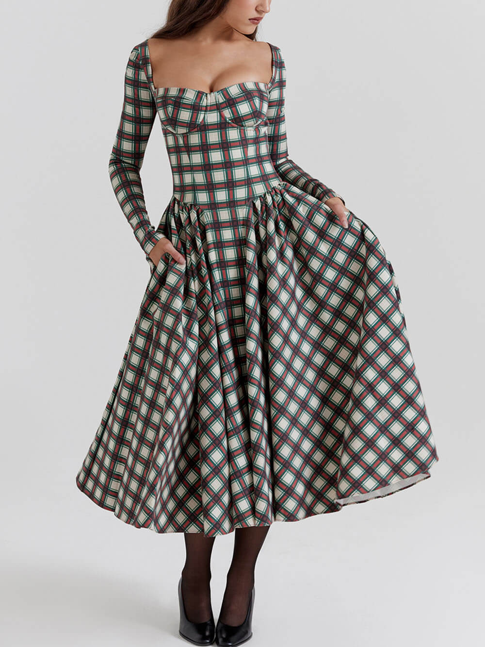 Rotes Korsett-Midikleid mit Schottenkaro