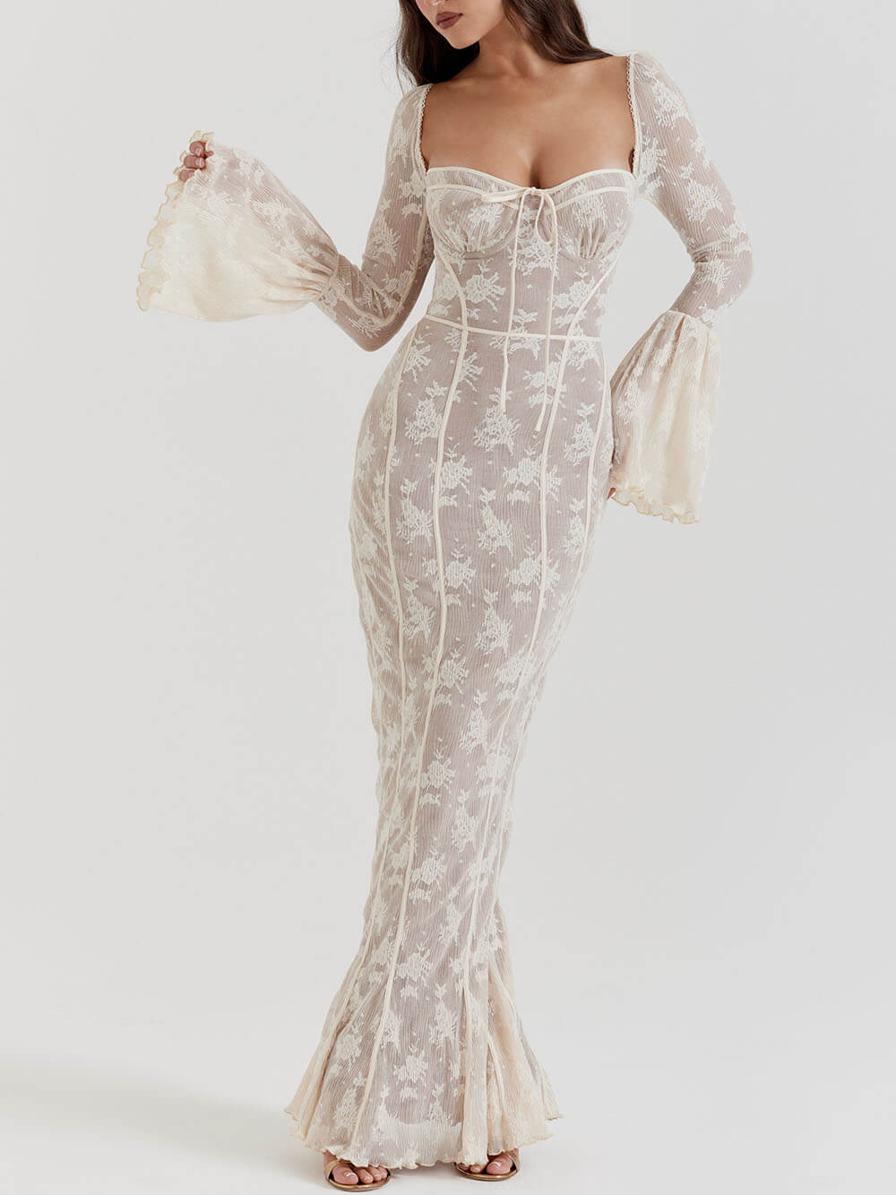 Vintage cremefarbenes Spitzen-Maxikleid