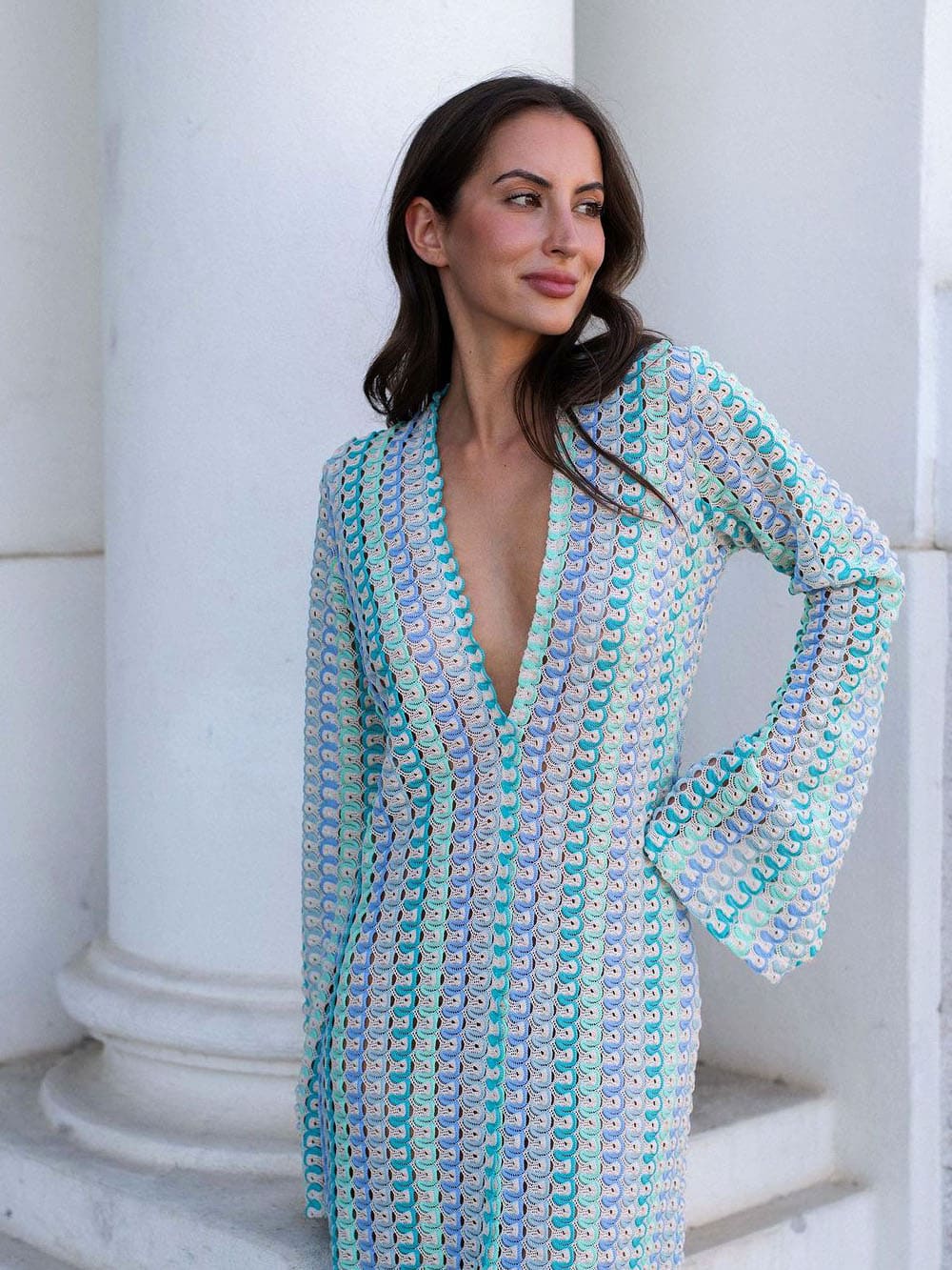 Boho V-Ausschnitt Glockenärmel Wellenförmig Gestreift Häkel Strand Urlaub Maxikleid - Blau