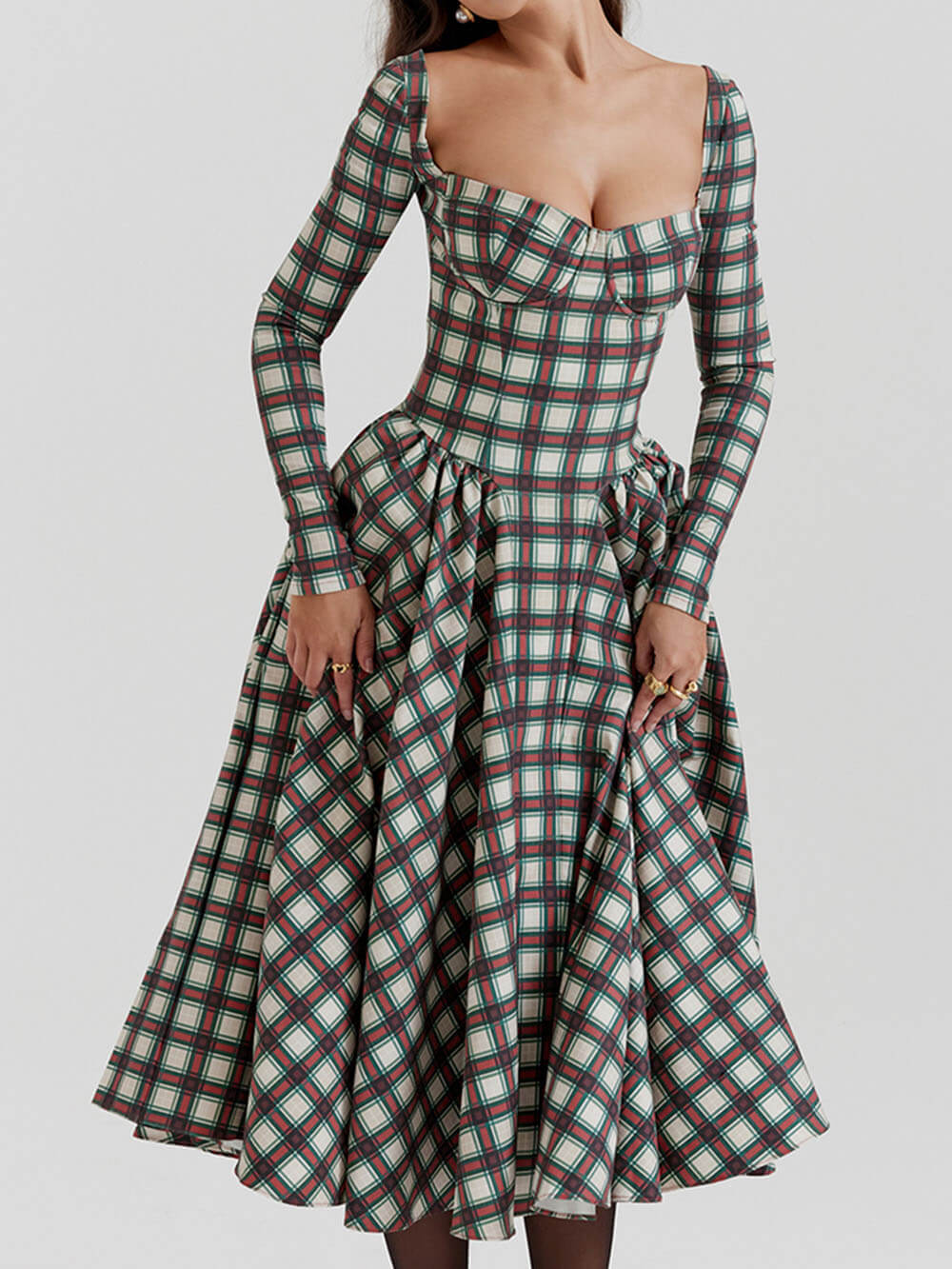 Rotes Korsett-Midikleid mit Schottenkaro