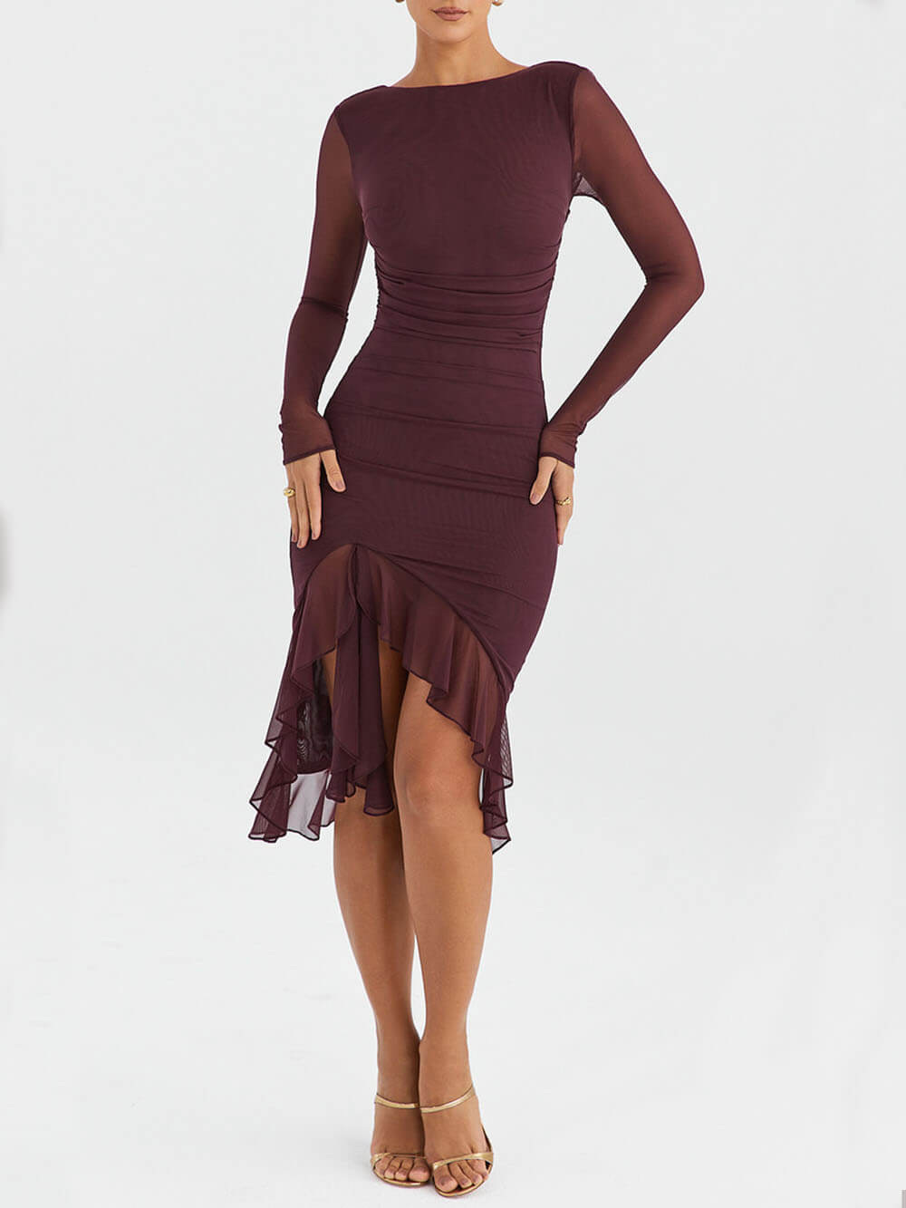 Weinrotes Volant-Midikleid