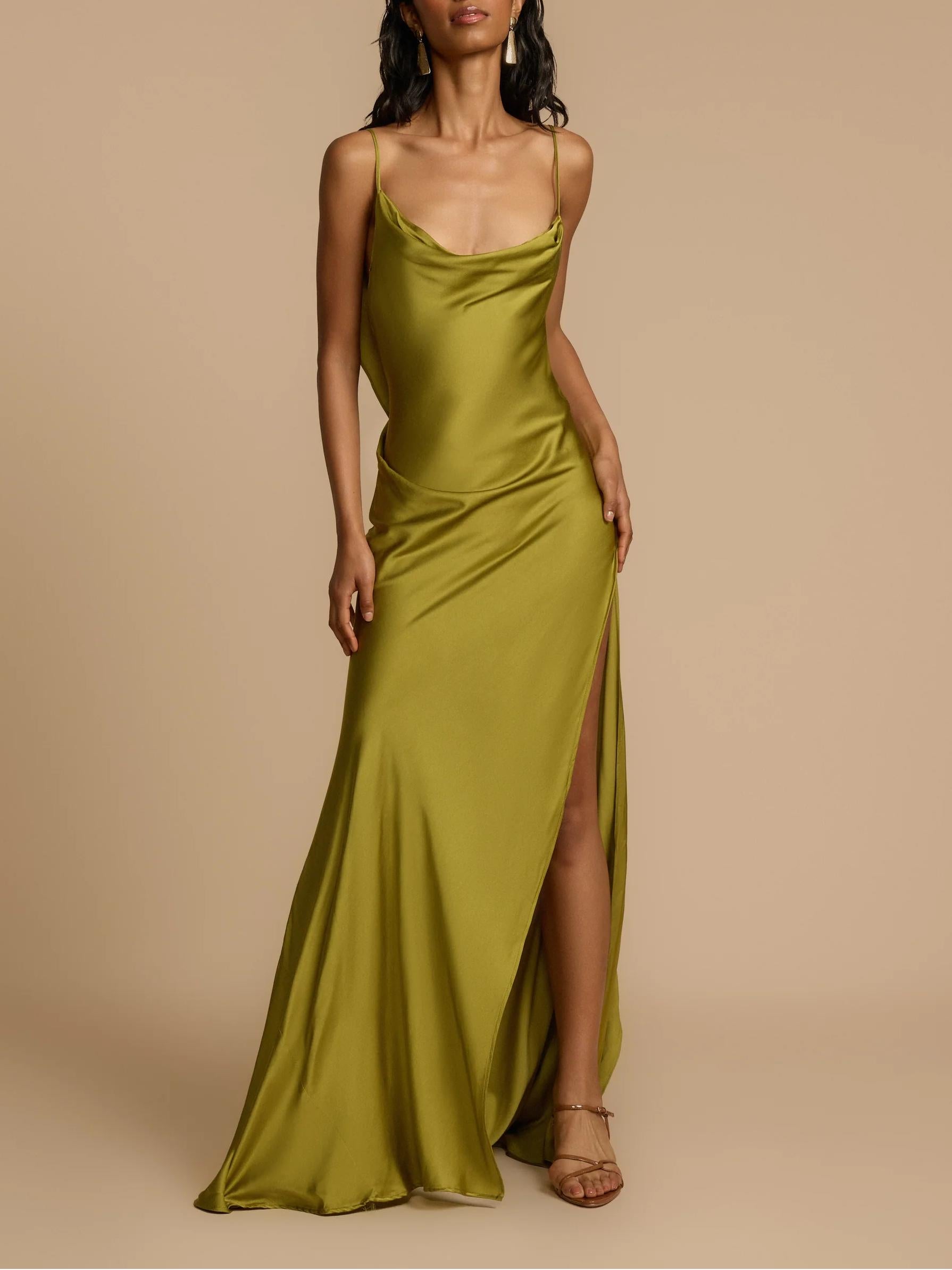 Sexy Elegantes Satin-Maxikleid mit hohem Seitenschlitz