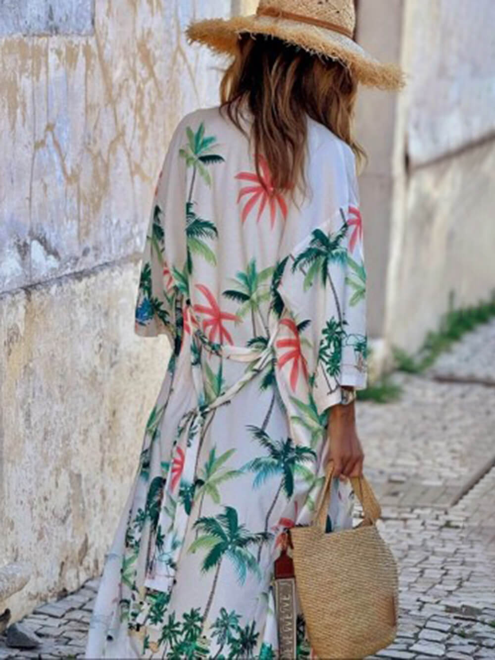 Urlaubsstil Botanischer Print Bindegürtel Langes Kaftankleid