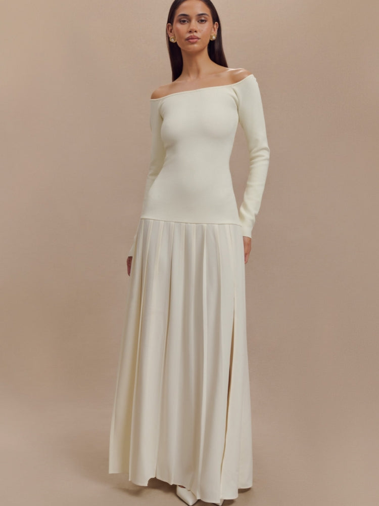Gestricktes schulterfreies Maxikleid – Elfenbein