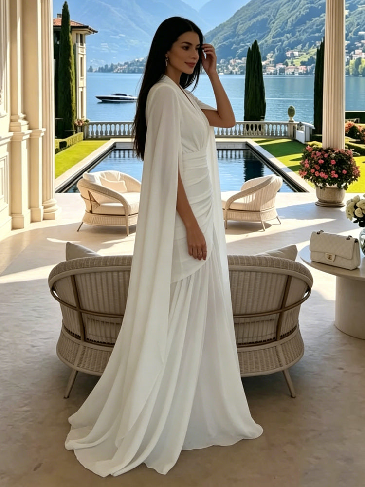 White Cape Sleeve Pleated Gown
