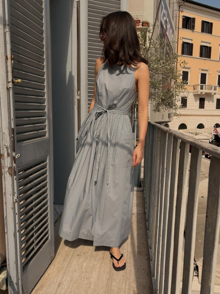 Light Gray Tie-Waist Midi Dress with Pockets