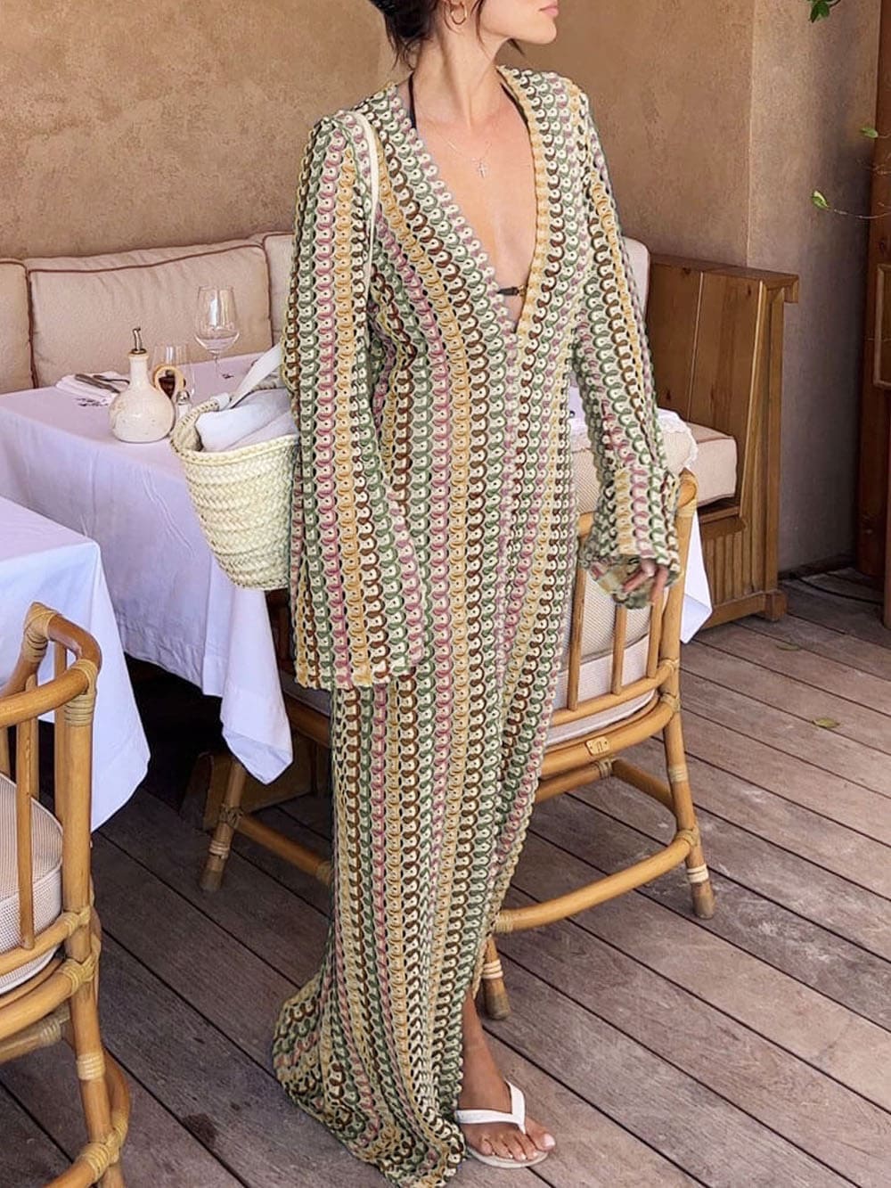 Boho V-Ausschnitt Glockenärmel Wellenförmig Gestreift Häkel Strandurlaub Maxikleid – Braun