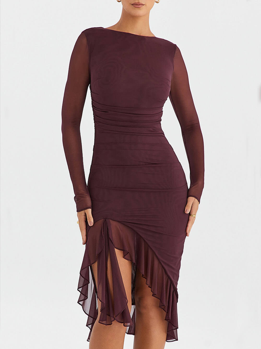 Weinrotes Volant-Midikleid