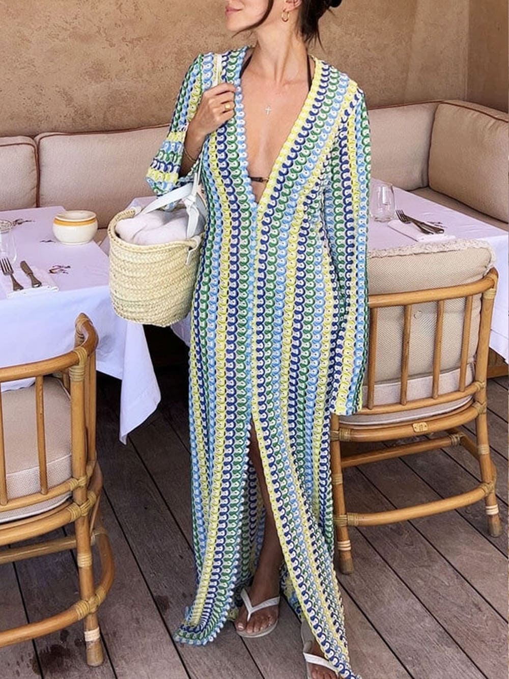 Boho V-Ausschnitt Glockenärmel Wellenförmiges Streifen-Häkel-Maxikleid für den Strandurlaub – Gelb