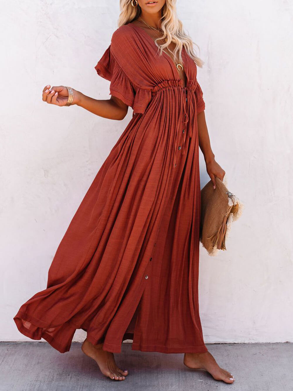 Knopf Baumwoll Leinen Perfektes Strand Boho Maxikleid