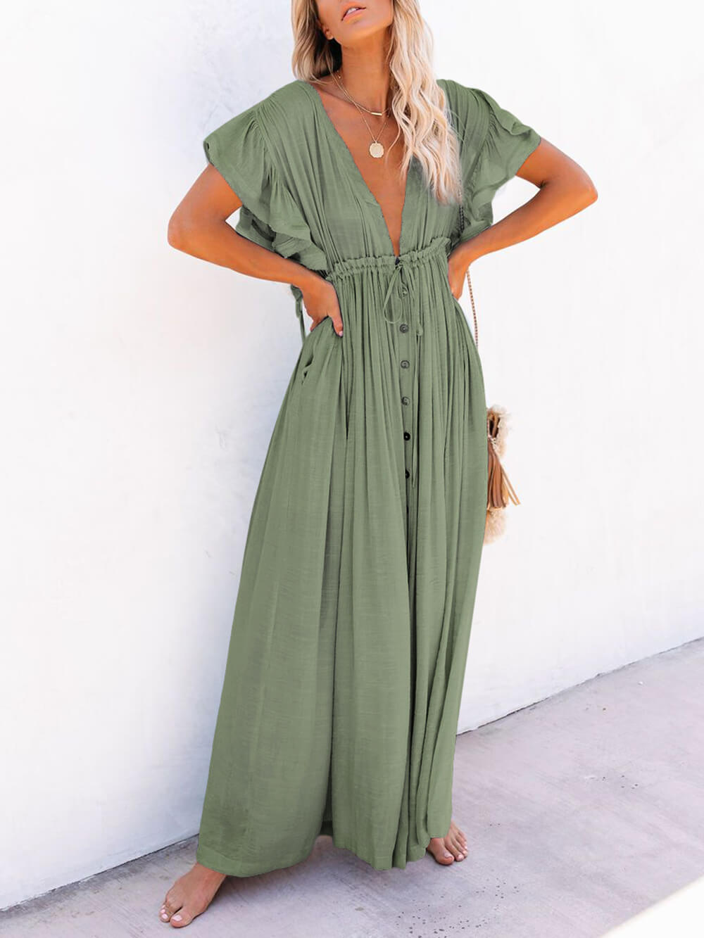 Knopf Baumwoll Leinen Perfektes Strand Boho Maxikleid