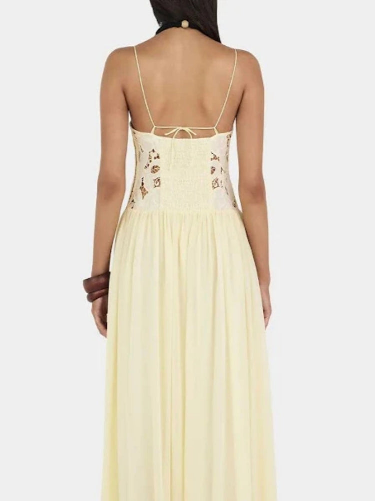 Cremiges gelbes Spitzen-Applikations-Chiffon-Maxikleid