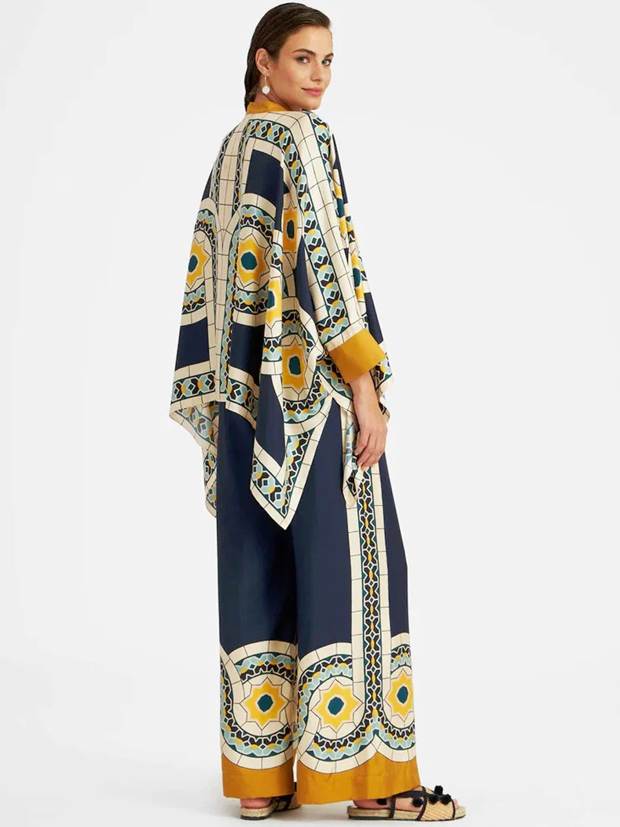 Feines Satin-Blumenprint-Fledermausärmel-Hosen-Set - Gelb-blau