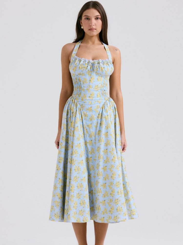 Weiches blaues rückenfreies Tanktop-Kleid mit Vintage-Blumenmuster