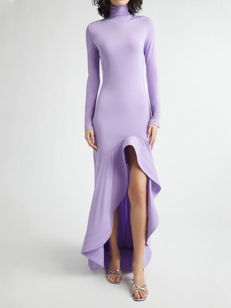 Lavendelfarbenes, gerafftes Meerjungfrauenkleid mit Hi-Lo-Saum