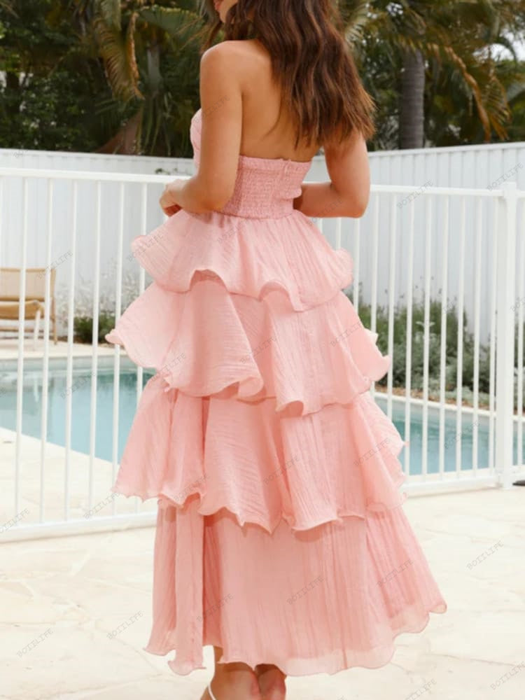 Elegantes, trägerloses, rückenfreies Midi-Kleid mit Stufenrock