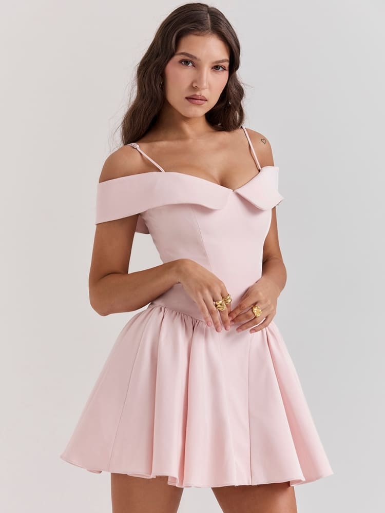 Ballettrosa schulterfreies Spaghettiträger-Minikleid