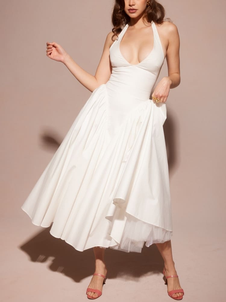 Weißes Neckholder-Midikleid aus Baumwolle