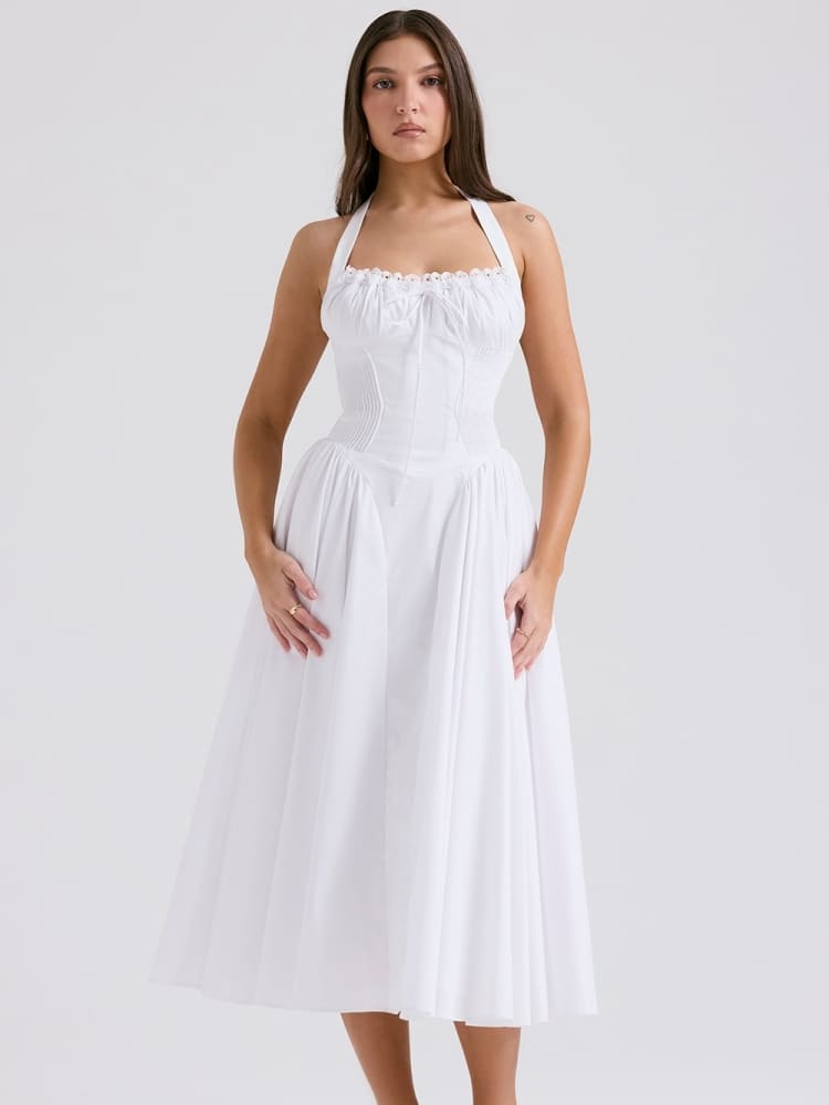 Weißes rückenfreies Neckholder-Midikleid