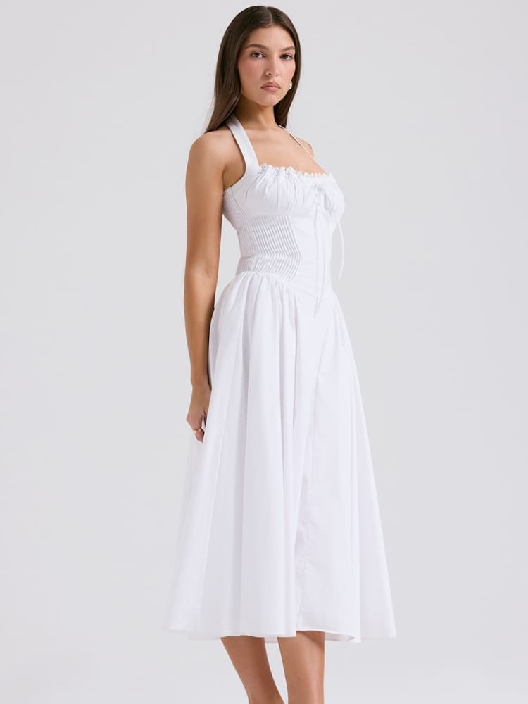 Weißes rückenfreies Neckholder-Midikleid