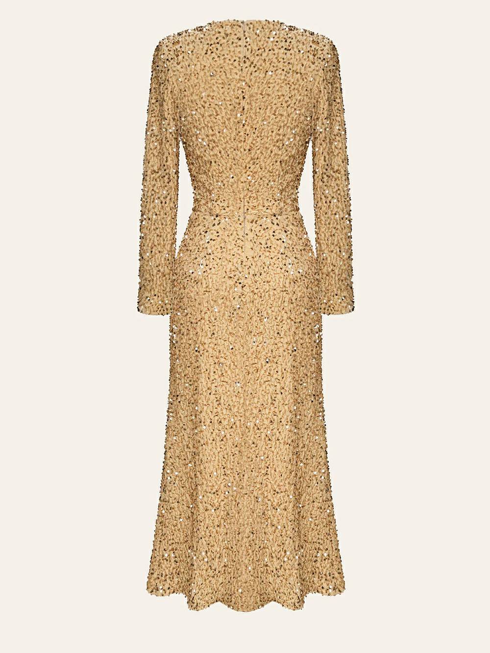 Paillettenverziertes Samt-Midikleid in Beige