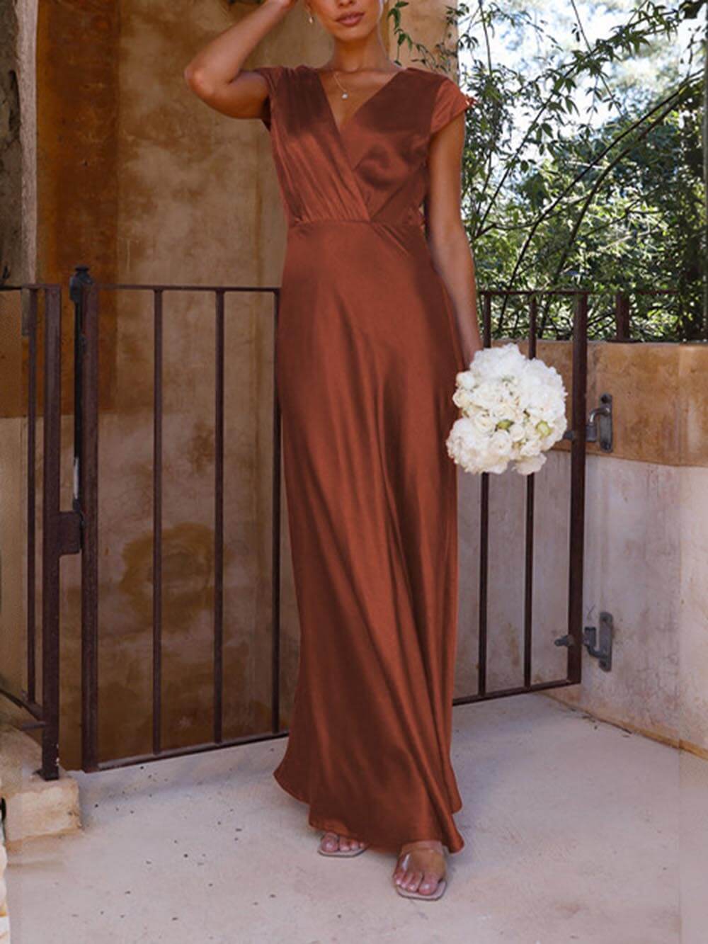 Frühling/Sommer Satin Einfarbig V-Ausschnitt Fishtail Partykleid