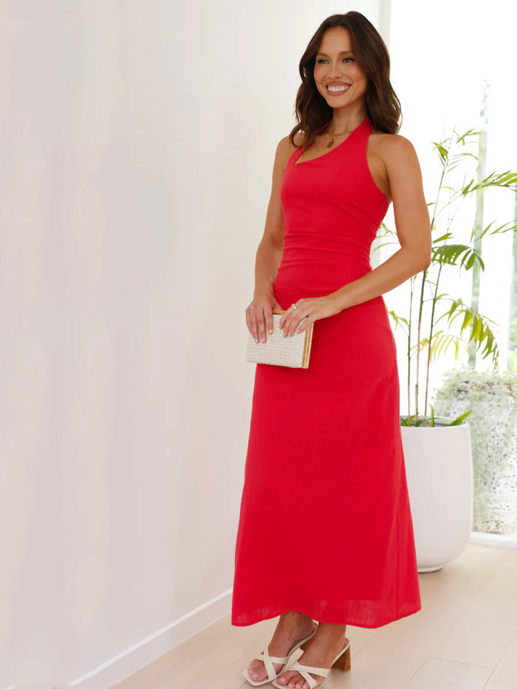 Lässiges ärmelloses, rückenfreies Neckholder-Midikleid in Unifarben