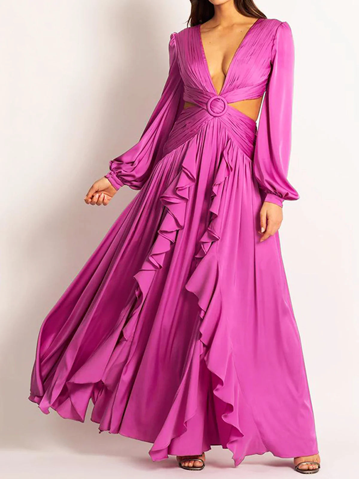 Maxikleid mit V-Ausschnitt, Taillenausschnitt und Rüschen
