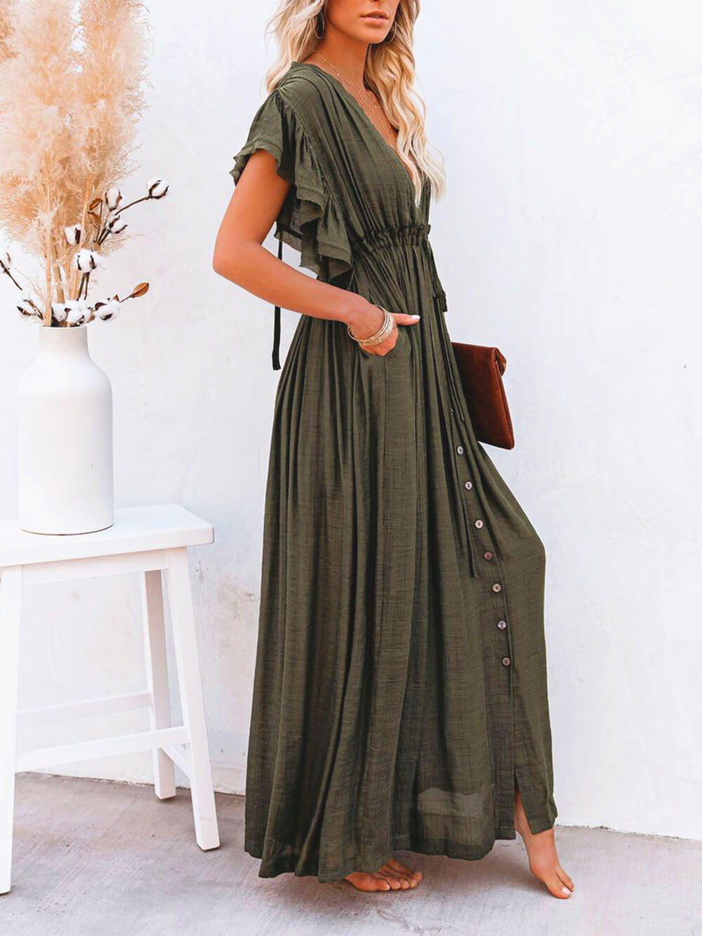 Knopf Baumwoll Leinen Perfektes Strand Boho Maxikleid