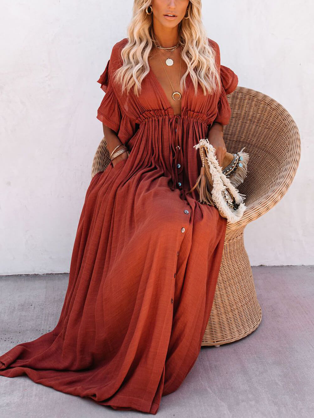 Knopf Baumwoll Leinen Perfektes Strand Boho Maxikleid