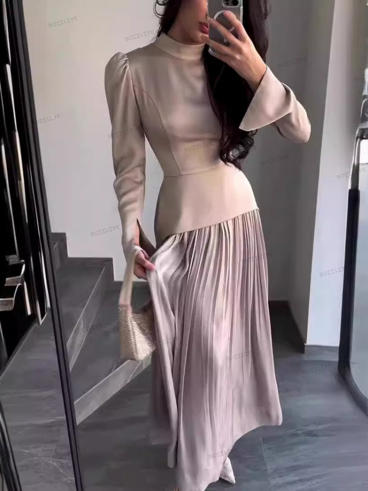 Color-Block-Splicing Slim-Fit Maxi-Kleid mit Schnürung und langen Ärmeln