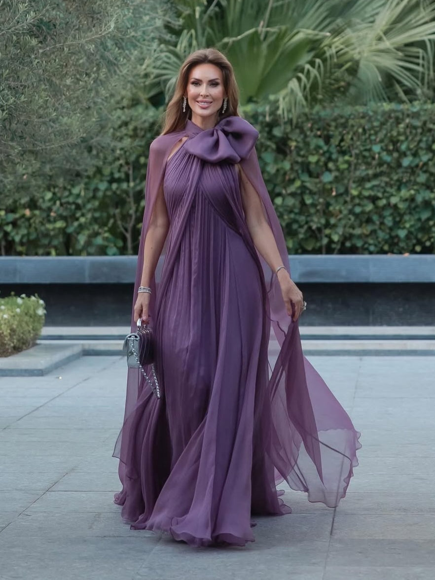 Mauve Chiffon Bow Cape Sleeve Pleated Maxi Gown